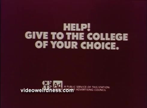 The still features a simple yet impactful message urging viewers to support higher education. It displays the text 'HELP! GIVE TO THE COLLEGE OF YOUR CHOICE' prominently against a maroon background. The format suggests it's part of a public service announcement (PSA), likely aimed at encouraging donations to educational institutions. This specific PSA is associated with Shakespeare education, emphasizing the importance of supporting education through contributions. The image reflects a straightforward, direct approach typical of such campaigns.