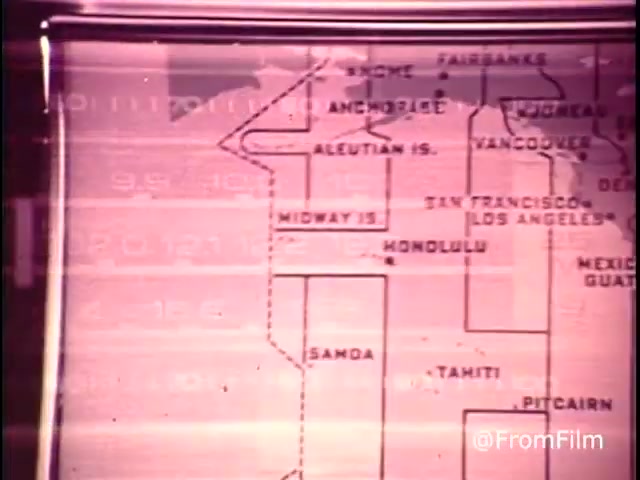 This 16mm still from a 1970s Zenith Radios commercial features a close-up of a radio map display, highlighting various locations across the U.S. and Pacific islands. The visual emphasizes the radio's capability to connect listeners to diverse geographic areas, aligning with the tagline, 'The quality goes in before the name goes on.' The retro aesthetic is typical of the era, blending technology and allure.   Follow us on Twitter @FromFilm.
