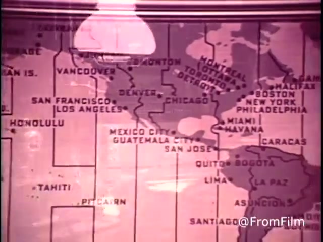 This still from a 1970s commercial for Zenith Radios showcases a map highlighting various cities across North America, Central America, and parts of South America. The phrase 'The quality goes in before the name goes on' emphasizes the brand's commitment to quality and craftsmanship. The vintage aesthetic of the 16mm print adds to the nostalgic charm of the era.   Follow us on Twitter @FromFilm.