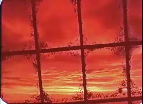 The still features a vibrant, fiery sunset painted in shades of red and orange, with dramatic clouds scattered across the sky. The foreground includes a grid-like pattern, possibly representing a window or mesh, that frames the striking colors, adding a sense of depth and intrigue. The overall atmosphere evokes a sense of both beauty and mystery, fitting for a promotional image related to 'The Time Machine.'