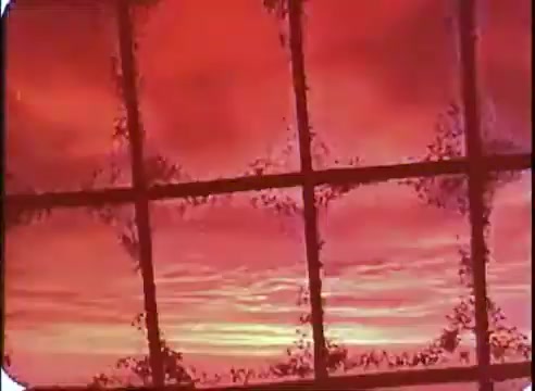 The still from the 16mm print of 'The Time Machine' promo features a striking, vibrant sunset scene, characterized by intense reds and oranges. The composition appears to show a grid-like structure, possibly a window or screen, framing the colorful sky over a landscape. The texture adds depth, suggesting a surreal or dreamlike quality, fitting for the film's themes of time travel and imagination.