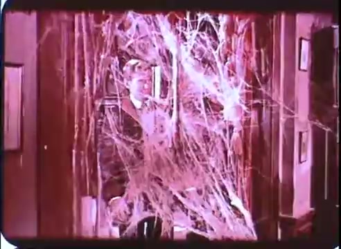 The still features a scene from a promotional clip for 'The Time Machine.' A man in period attire stands in an interior space, partially obscured by a web-like structure. The ambiance is eerie, with a surreal quality, emphasizing themes of time and the unknown. The colors are warm but muted, characteristic of 16mm film. The setting suggests a moment of discovery or surprise.