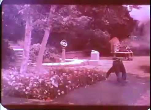 The still from 'The Time Machine' promos features a vibrant outdoor setting with lush greenery, including trees and flower beds. In the foreground, a figure walks along a path, while a sundial or similar object is visible nearby. The overall composition suggests a serene and picturesque atmosphere, likely intended to evoke a sense of nostalgia or adventure associated with time travel. The colors are warm, typical of vintage 16mm film, enhancing the evocative quality of the scene.