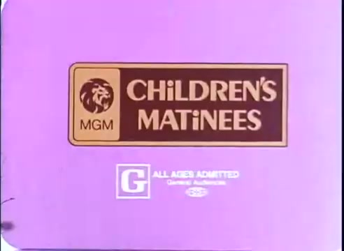 The still features a promotional logo for MGM's 'Children's Matinees.' The background is a light purple, and the logo includes the iconic MGM lion emblem alongside the text. It indicates that the program is suitable for all ages, marked by a 'G' for General Audience. The overall design is aimed at attracting a youthful audience for matinee screenings.