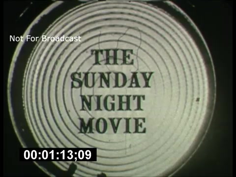The still features a circular design with concentric rings, showcasing the text 'THE SUNDAY NIGHT MOVIE' prominently in the center. It indicates that the material is not for broadcast and includes a timestamp, suggesting it's a promotional clip from the 1960s for the ABC Sunday Night Movie. The overall aesthetic reflects the vintage style typical of that era's television promotions.