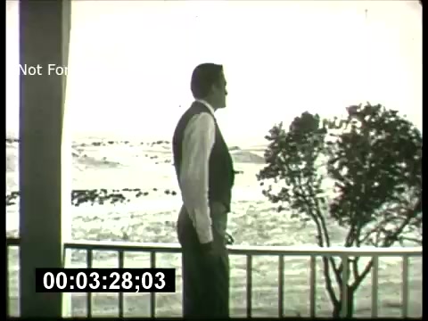 The still from the **ABC Sunday Night Movie promos - 1960s** features a man standing on a balcony or porch, looking out toward a landscape. He is dressed in formal attire, including a vest. The background is serene, with trees and open space visible. The visual style reflects the black-and-white film technique common in that era, creating a nostalgic atmosphere. The timestamp at the bottom suggests this is a segment from the promotional material.