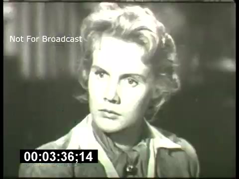 The still features a young woman with short, wavy hair, displaying an intense expression. The image is in black and white, typical of the 1960s, and features a timestamp indicating it's from a film reel. The text 'Not For Broadcast' suggests it's a promotional or archival piece, likely used for the ABC Sunday Night Movie series. The serious expression hints at a dramatic narrative, reflecting the themes common in films from that era.