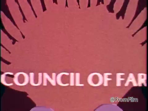 The still from the '1974 Census of Agriculture PSA' showcases bold text that reads 'COUNCIL OF FARMERS' against a vibrant, reddish background. The design appears to feature a sunburst or radiating effect, symbolizing growth and outreach. This visual emphasizes the importance of collaboration among farmers and the agricultural community in relation to the census. The context highlights the significance of the census for farmers, organizations, and policymakers alike.