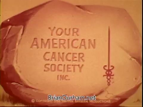 The still features a prehistoric-styled rock background with the text 'YOUR AMERICAN CANCER SOCIETY INC.' engraved on it. The engraving is accompanied by a stylized insignia, resembling a serpent entwined around a sword. The color palette has a warm, earthy tone, typical of the Flintstones' aesthetic. The image likely serves as a public service announcement, promoting awareness for the American Cancer Society.