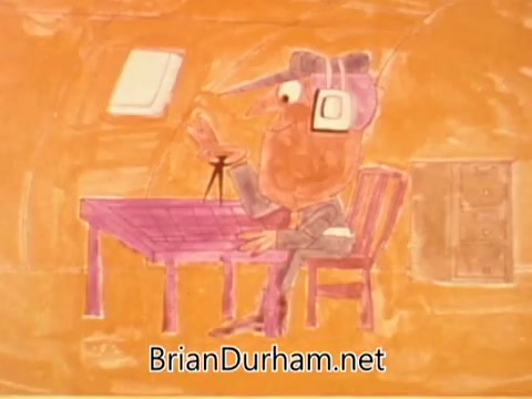 The still from the 1960s Air Force Reserve PSA features a cartoonish character sitting at a table, engaged in a task that involves a small compass or instrument. The background is a light orange with simple, colorful lines emphasizing a whimsical and illustrative style. The character’s attire and facial features reflect a playful representation typical of animated public service announcements from that era.