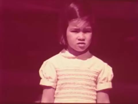 The still features a young girl with a serious expression, wearing a light-colored dress with a patterned design. The background appears to be blurred or out of focus, creating an emphasis on her demeanor. The overall color tone is warm with a vintage quality, characteristic of 16mm film. The context suggests a focus on a public safety message involving the girl and her pet dog, highlighting themes of care and responsibility.