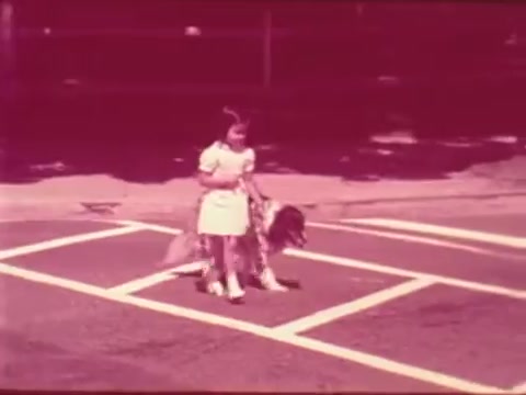 The still features a young girl in a white dress walking a dog across a crosswalk. The scene highlights public safety, with the crosswalk lines clearly marked. The overall tone is light and emphasizes the importance of pedestrian awareness, especially for children and pets. The colors have a vintage quality, typical of 16mm film.