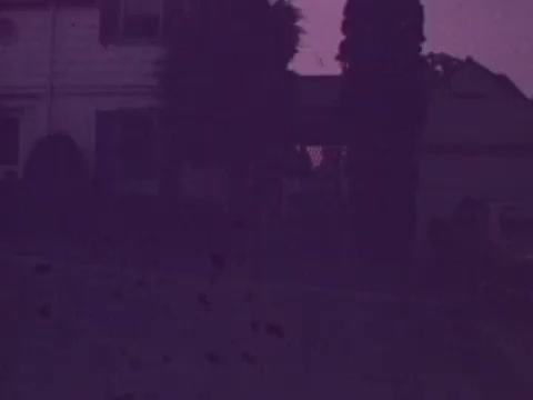 The still appears to show a suburban scene with a house partially obscured by trees. The image has a purple tint, typical of 16mm film, and may have signs of aging, such as scratches or dust. The ambiance suggests a calm, possibly nostalgic atmosphere, characteristic of commercials from that era.