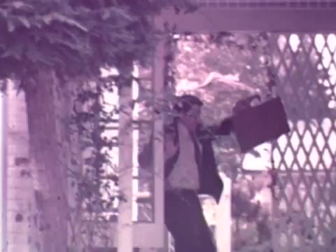 The still features a man exiting a structure with a briefcase in hand, suggesting a hurried or determined manner. The scene is set in a residential area, with elements like foliage and a lattice backdrop. The overall tone is nostalgic, reflecting the style and ambiance of the early 1970s, likely aimed at conveying themes of home and security in insurance.
