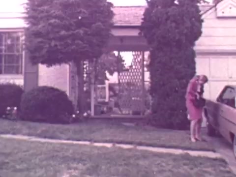 The still features a woman in a pink dress near a car parked in front of a suburban home, characterized by a simple facade and manicured lawn. She appears to be bending down, possibly interacting with a child or pet. Lush greenery and a trellis are visible, suggesting a warm, inviting atmosphere typical of 1970s suburban life. The overall color tone suggests a vintage aesthetic, common in commercials from that era.