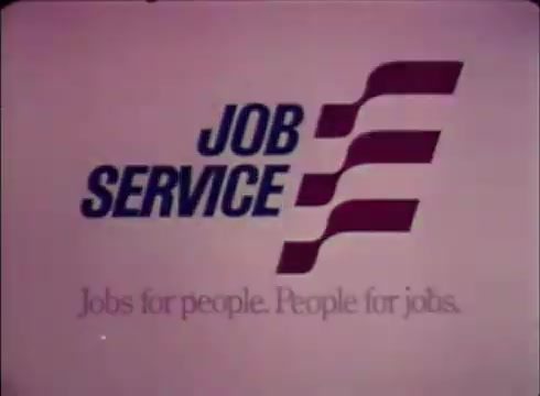 The still features the logo of 'Job Service Nebraska' prominently. The design includes bold lettering with a dynamic wave motif, suggesting movement or accessibility. Below the logo, the tagline 'Jobs for people. People for jobs.' emphasizes the organization's mission. The overall aesthetic is clean and professional, typical of promotional materials from the era.
