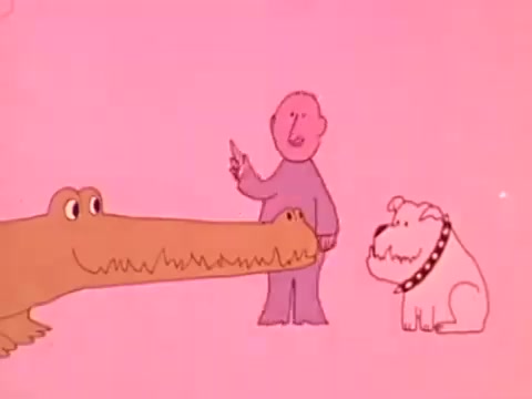 The still features a cartoonish illustration with a pink background. It shows a cartoon crocodile with a long snout, a person dressed in a purple outfit holding a finger up as if making a point, and a cartoon bulldog sitting nearby. The whimsical characters suggest a light-hearted approach typical of commercials from the 1970s, possibly aimed at engaging children about orthodontics.