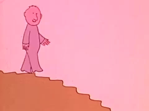 The still from the 1970s American Association of Orthodontists commercial features a simplistic animated character with a rounded head and friendly expression. The character, dressed in a light-colored outfit, appears to be walking down steps against a soft pink background. The design is distinctly minimalist, reflecting the animation style of the era. This visual likely contributes to a playful and approachable message about orthodontics.