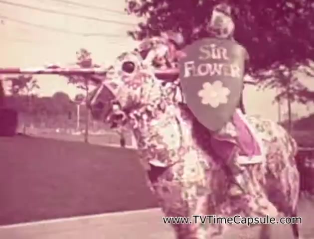 The still features a whimsical scene from a 'Lady Scott' commercial, showcasing a knight, labeled 'Sir Flower,' riding a horse adorned with colorful patterns. The knight is dressed in a shiny armor-like outfit, with a shield that prominently displays the name 'Sir Flower' and a floral motif. The horse appears to be decorated in a similar floral style, enhancing the playful concept of the advertisement. The background suggests an outdoor setting, possibly a park. The overall tone is lighthearted and colorful, aligning with the intent to promote Scott Paper Company's tissue and paper products in an engaging way.