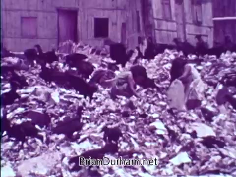 The 16mm still from the 'Foster Parents Plan PSA - 1967' featuring the Smothers Brothers shows a stark scene of distress. In the image, children are seen sifting through a large pile of garbage in a desolate environment, underscoring the dire needs of impoverished kids overseas. The Smothers Brothers' dialogue emphasizes the importance of financial support, inviting viewers to help improve these children's lives through the Foster Parents Plan, which allows for financial adoption for 50 cents a day.