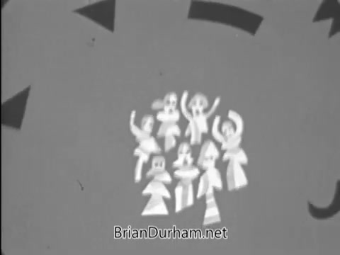 The still from the 1968 'Save The Children' PSA features animated characters in a simplistic, stylized design. The figures appear joyful, raising their arms and celebrating together against a backdrop with bold arrows, which may symbolize action or urgency. The overall theme likely emphasizes community, support, and the importance of helping children in need.