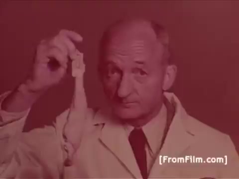 The still features Frank Perdue in a lab coat, holding a chicken leg aloft. He gazes directly at the camera, emphasizing the quality of the chicken. The color tone suggests a vintage aesthetic, characteristic of 1970s commercials, aligning with his well-known tagline about the toughness required to produce tender chicken.