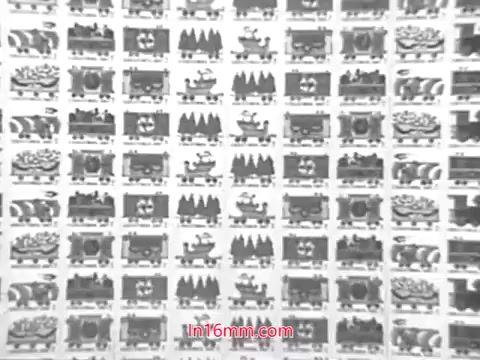The 16mm still from the 1967 Christmas Seals PSA featuring Walter Brennan showcases a collage of colorful Christmas-themed illustrations. The designs include festive imagery such as Christmas trees, trains, and various holiday decorations. These visuals reflect the tradition of using Christmas Seals to spread holiday cheer and support charitable causes. The overall tone of the still is warm and nostalgic, capturing the essence of holiday spirit.