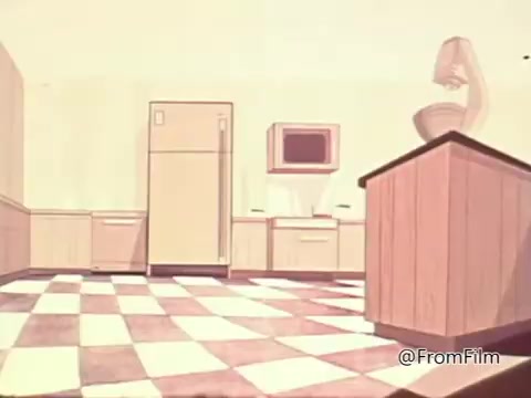The still from the 'Salmonella PSA - American Medical Association 1960's' depicts a simple kitchen setting. It features a checkered floor, an upright refrigerator, and a countertop with a sink. The design suggests a focus on cleanliness and food safety, aligning with the theme of educating viewers about the risks of salmonella from improperly prepared food. The overall aesthetic is reminiscent of 1960s animation, with a clean, geometric style.