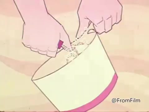 The still from the 'Salmonella PSA - American Medical Association 1960s' features animated hands pouring granules, possibly representing food or cleaning substances, into a bowl. This likely symbolizes the importance of proper food handling and hygiene to prevent salmonella contamination. The visual emphasizes awareness of food safety practices to avoid foodborne illnesses.