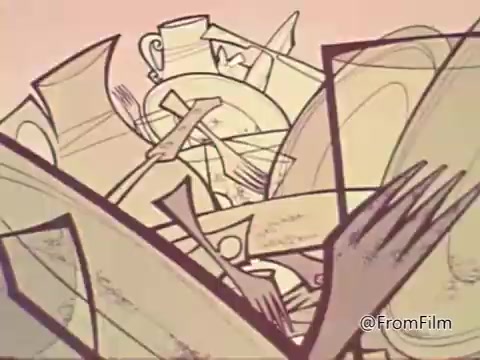 The still features an animated depiction of cluttered kitchenware, including plates, utensils, and glassware, likely symbolizing potential sources of salmonella contamination. The stylized art conveys a retro aesthetic typical of 1960s public service announcements, emphasizing the importance of food safety in preventing salmonella poisoning, which is predominantly associated with improperly handled meat, poultry, and eggs.