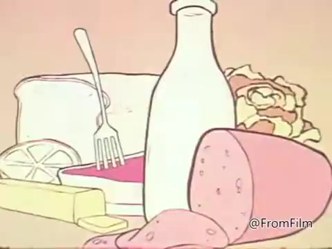 The still features an animated representation of various food items, including a bottle of milk, a stack of bread, leafy greens, and sliced deli meat. A fork is resting in a dish with a pink substance. The color palette is soft and pastel-like, emphasizing a simplistic, cartoonish style typical of educational materials from the 1960s, aiming to convey messages about food safety and the risks of salmonella contamination.