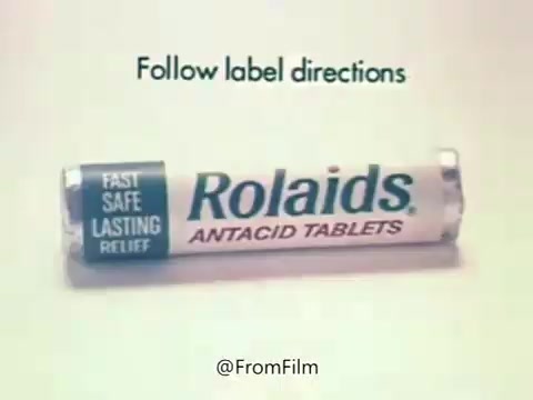 The 16mm still features a prominent display of a Rolaids antacid tablet container. Above the container, the text states 'Follow label directions.' The design emphasizes Rolaids' branding with the slogan 'FAST SAFE LASTING RELIEF,' highlighting its purpose as an antacid. This visual ties back to the brand's famous commercial, associating Rolaids with effective relief from discomfort.