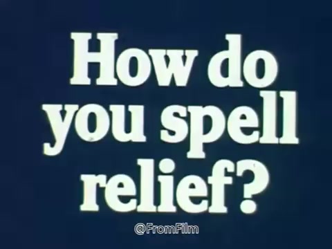 The still features the well-known tagline from a 1970s Rolaids commercial: 'How do you spell relief?' The text is bold and prominently displayed, emphasizing the playful and memorable nature of the slogan. This advertisement became iconic and led to the sponsorship of the Rolaids Relief Man of the Year Award, celebrating outstanding relief pitchers in Major League Baseball.