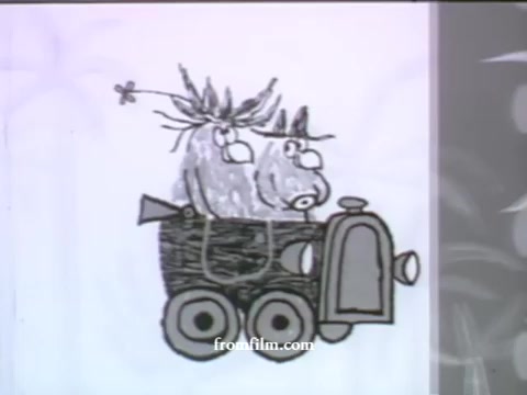 The still from the late 1950s UPA Commercials features a pair of animated characters in a whimsical, cartoonish style typical of UPA's work. They appear to be riding in a small, playful vehicle, characterized by exaggerated shapes and expressions. The character design exhibits a light-hearted, humorous aesthetic, reflecting UPA's innovative approach to animation during that period. The overall tone suggests a fun and engaging commercial, likely aimed at promoting American Express.
