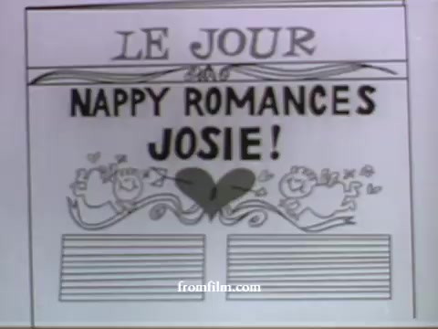 The still from the UPA commercials features a playful, illustrated newspaper front page with the title 'LE JOUR' prominently displayed at the top. Below it, the headline reads 'NAPPY ROMANCES JOSIE!' accompanied by whimsical drawings of two cherub-like figures surrounded by decorative elements like hearts and stars. The layout suggests a light-hearted, romantic theme, typical of UPA's distinctive animation style during the late 1950s, blending humor with charm. The empty sections at the bottom indicate space for additional content, enhancing the newspaper motif.