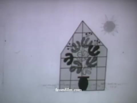 The still from the UPA commercials features a stylized animation style typical of the late 1950s. The image depicts an abstract house shape, with a design involving swirling patterns, possibly representing a tree or plant, contained within a grid. Below, there’s a simple depiction of a pot. In the background, a stylized sun adds to the whimsical atmosphere. This concise and graphic approach reflects UPA's innovative animation style, which often emphasized design and color over realistic representation. The context suggests it may be part of a commercial for American Express.