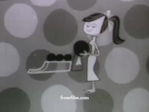 The still features a character in a minimalist, stylized animation typical of the late 1950s UPA style. She has a simple, cheerful expression and is holding an object that resembles a bowling ball, standing next to a stylized representation of a bowling lane. The background consists of large, colorful polka dots that add a vibrant contrast to the character's monochrome appearance. This scene likely promotes American Express, reflecting the playful, modern design aesthetic of the period.