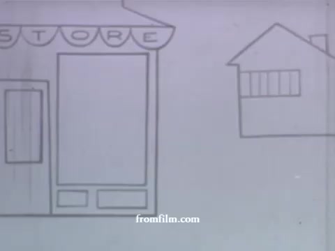 The 16mm still from the 'UPA Commercials - late 1950s' features a simplistic, hand-drawn animation style characteristic of UPA's work. The scene depicts a storefront labeled 'STORE' with a blank window and a nearby house. The design emphasizes clean lines and minimalistic forms, reflecting UPA's modernist aesthetic. This commercial likely promotes American Express, aligning with UPA's trend of incorporating humor and creativity in advertising during that era.