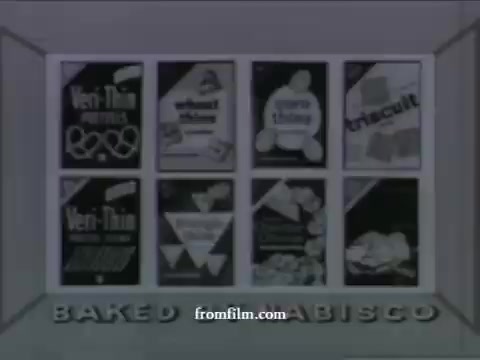 The still from the 'UPA Commercials - late 1950s' features a collection of product advertisements for Nabisco snacks. It presents eight different snack items, each shown in a stylized, graphic design typical of mid-century animation. The products highlighted include 'Veri-Thin,' 'Wheat Thins,' 'Triscuit,' and others, emphasizing a sleek, modern aesthetic. The bottom text reads 'BAKED NABISCO,' indicating the manufacturer. The overall visual style reflects the innovative animation techniques and artistic flair characteristic of UPA during that era.