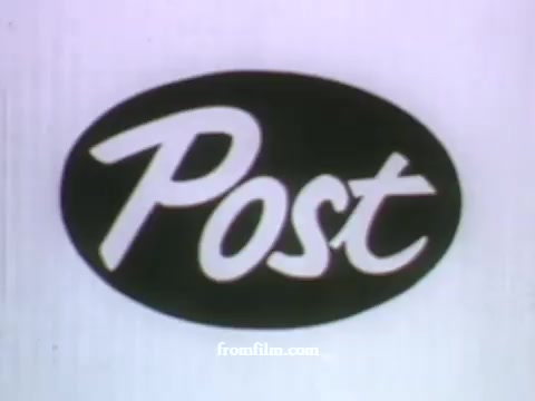 The still features a simple, stylized logo that reads 'Post' in a playful font. The logo is presented within an oval shape, prominently displayed against a muted background, conveying a vintage aesthetic typical of late 1950s advertising. This still is part of a collection of UPA commercials, known for their distinctive animation style, showcasing brands like American Express.