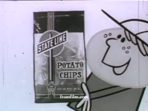 The still from the late 1950s UPA commercial features a vibrant and stylized cartoon character presenting a bag of 'State Line Potato Chips.' The character has a friendly demeanor, showcasing a minimalist design typical of UPA's animation style. The commercial highlights the product with bold graphics, embodying the playful and eye-catching advertising techniques of the era.