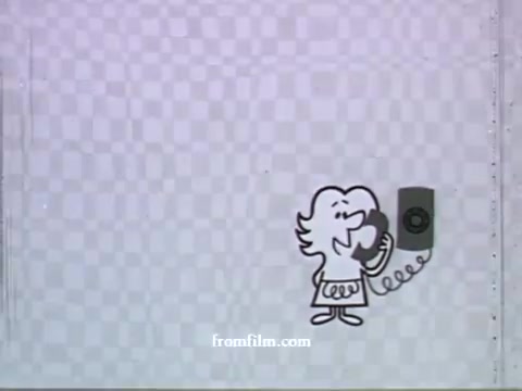 The still features a cartoon-style character, likely representing an everyday person, speaking on a vintage telephone. The character has a cheerful demeanor and is shown against a simple, checkered background. The style is characteristic of UPA's distinctive animation aesthetic, emphasizing simplicity and expressiveness, typical of their commercials from the late 1950s, particularly promoting American Express.