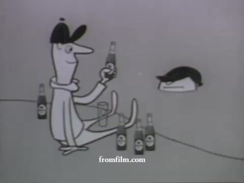 The still from the UPA commercial features a stylized, animated character with a tall, slender figure and a friendly expression, sitting on the ground. He holds a bottle in one hand, while several other bottles are positioned around him. Another character, characterized by a distinct hairdo, peeks from behind the ground. The minimalist design and monochrome palette emphasize the playful and whimsical nature of UPA's animation style, characteristic of their work during the late 1950s. The context suggests a light-hearted look at leisure and enjoyment associated with the product being advertised, possibly an American beverage.