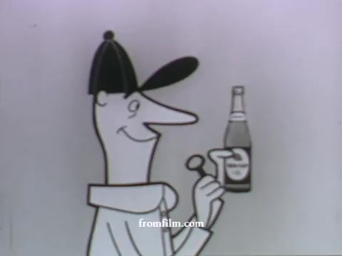 The still features a stylized, cartoonish character with a large grin, holding a bottle of soda. He is wearing a cap and a collared shirt, embodying a cheerful, optimistic demeanor. The background is minimalistic, allowing the character and the drink to stand out. This image likely reflects the playful animation style typical of UPA's commercials from the late 1950s, aiming to convey a lighthearted and fun aspect of consumer products, such as American Express.