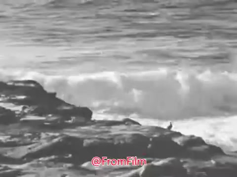 The still from the 'US Navy Recruiting PSA - 1960's' features a dramatic black-and-white coastal scene, showcasing waves crashing against rocky shores. The imagery evokes a sense of timelessness and solitude, accentuated by the voice-over that reflects on the enduring nature of the sea, with its rhythmic cycles of day and night. This combination sets a tone that emphasizes the Navy's connection to the vast ocean.