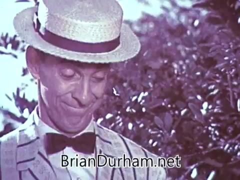 The still from the 1968 Red Rose Tea commercial features a man wearing a light-colored striped suit and a straw hat with a band. He has a pleasant expression, smiling gently, and stands amidst greenery, likely representing a serene tea garden setting. The color palette appears warm and inviting, typical of the era’s commercial aesthetics, evoking a sense of nostalgia.