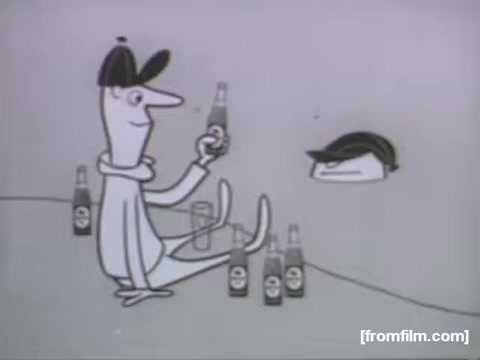The still from the UPA Animation commercial for Red Cap Ale features a whimsical character, seated and cheerfully holding a bottle of the beer. Surrounding him are several other bottles, indicating a relaxed and playful atmosphere. A second character, depicted with a cap, peeks out, adding a humorous touch to the scene. The minimalistic yet bold animation style typical of UPA in the 1950s is evident, emphasizing clean lines and simple forms.