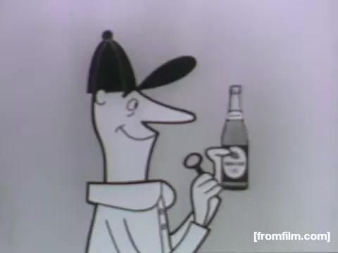 The still features a stylized, cartoonish character from the 1950s commercial for Red Cap Ale. The character has an exaggerated, cheerful expression with a long nose and is wearing a cap. He is holding a bottle of Red Cap Ale in one hand and a bottle cap in the other, suggesting he is about to enjoy the drink. The simple, colorful design and playful demeanor reflect UPA's distinctive animation style, emphasizing fun and lightheartedness.