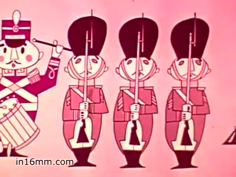 The still features a whimsical, animated scene from a 1960s PSA for Muscular Dystrophy. It presents a cartoonish parade with a drummer, dressed in a colorful uniform, leading three toy soldiers. The soldiers are depicted with exaggerated features and hold rifles, all set against a simple pink background. The overall visual style is playful and aligns with the era's animation techniques, aiming to engage viewers and encourage support for the cause.