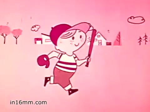 The still features a cheerful cartoon boy with a baseball cap and striped shirt, holding a bat. The background is simple, illustrated with trees and abstract shapes, all in a pink hue. It aligns with the playful and optimistic tone typical of 1960s animated PSAs, promoting awareness and support for Muscular Dystrophy. The call to action encourages donations when volunteers approach for support.